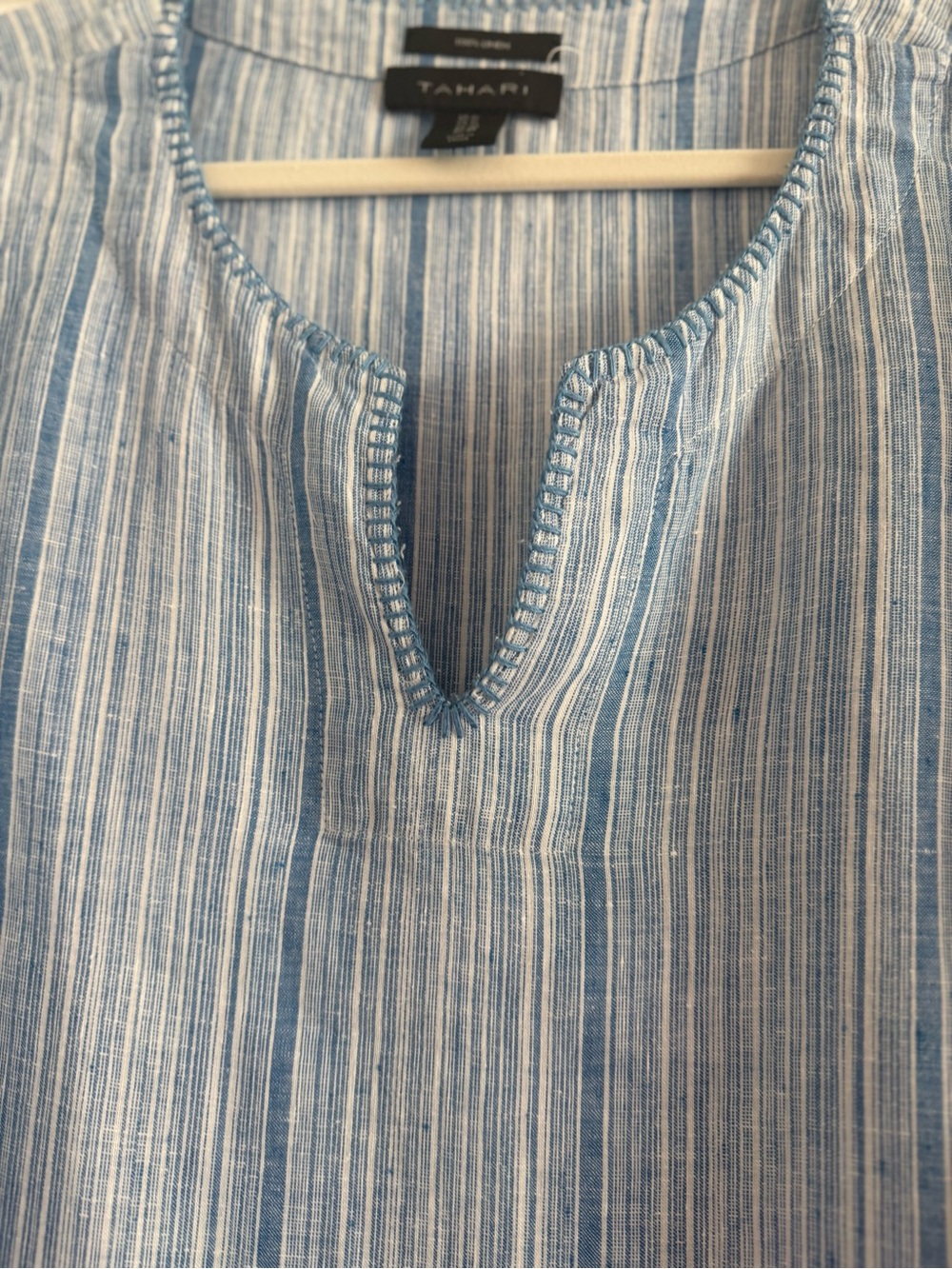 Tahari Linen Light Blue Striped Ruffle Sleeve Top 1X - Picture 7 of 10